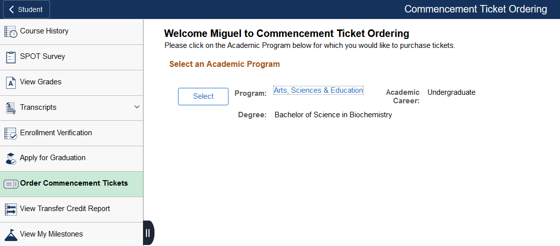 Screenshot of MyFIU's commencement ticket ordering window 