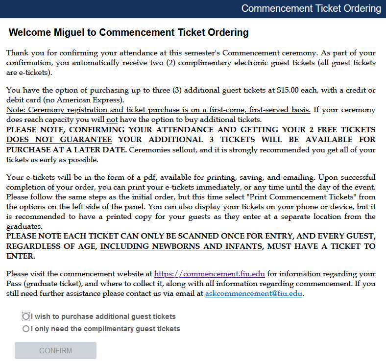 Screenshot of MyFIU commencement ticket confirmation screen