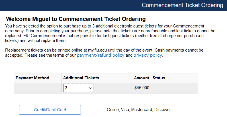 Screenshot of MyFIU selecting amount of commencement tickets to order