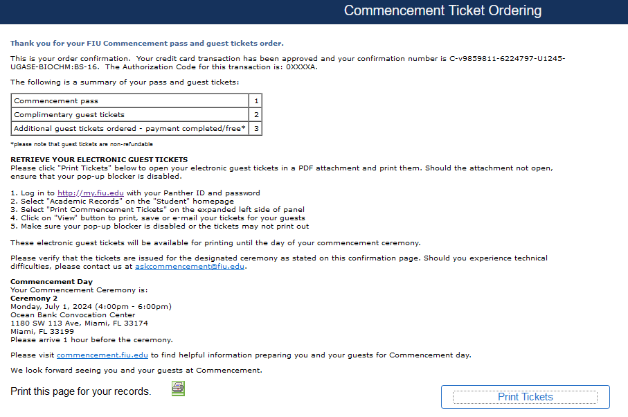 Screenshot of MyFIU commencement ticket confirmation and print ticket window
