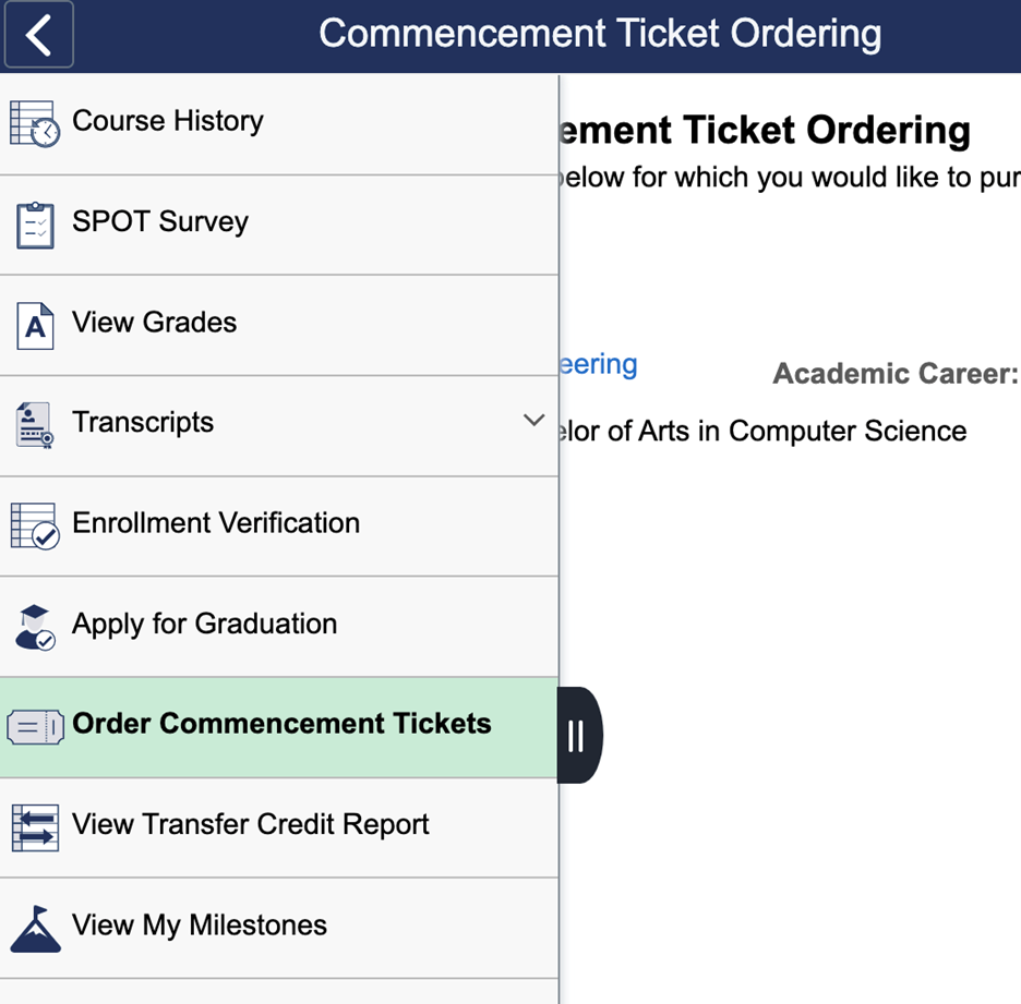 Screenshot of MyFIU with Order Commencement Tickets highlighted 