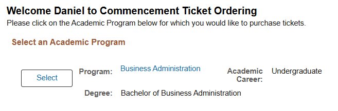 Screenshot of MyFIU's commencement ticket ordering window