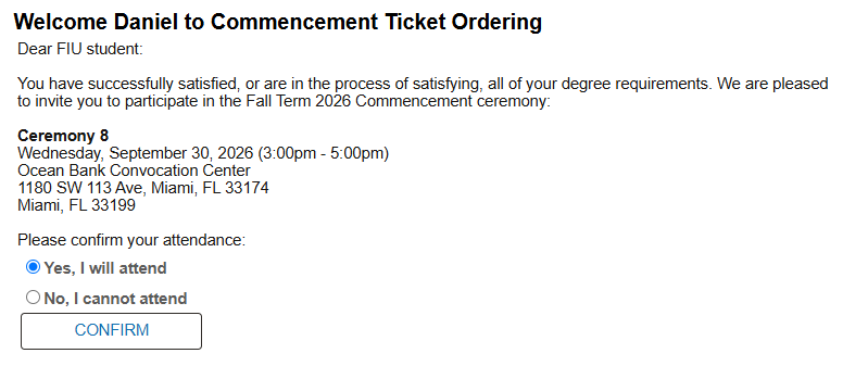 Screenshot of MyFIU commencement confirmation screen