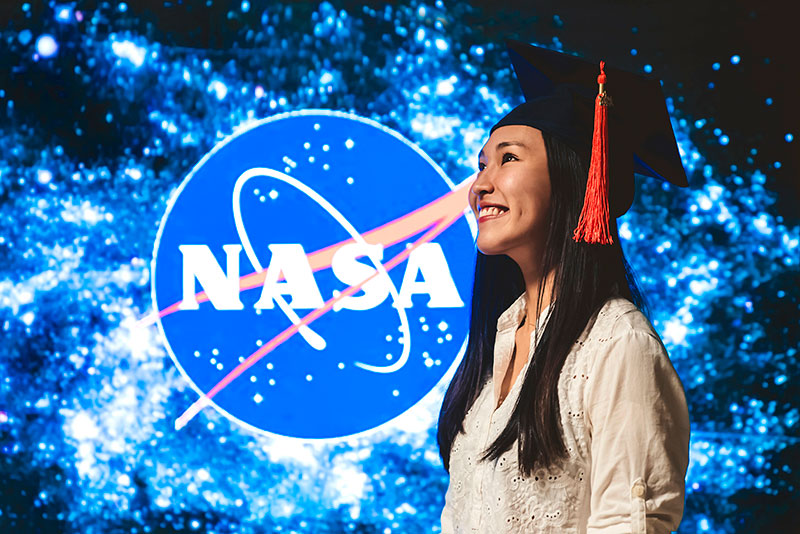 Kazue Orikasa Lopez in front of the NASA logo